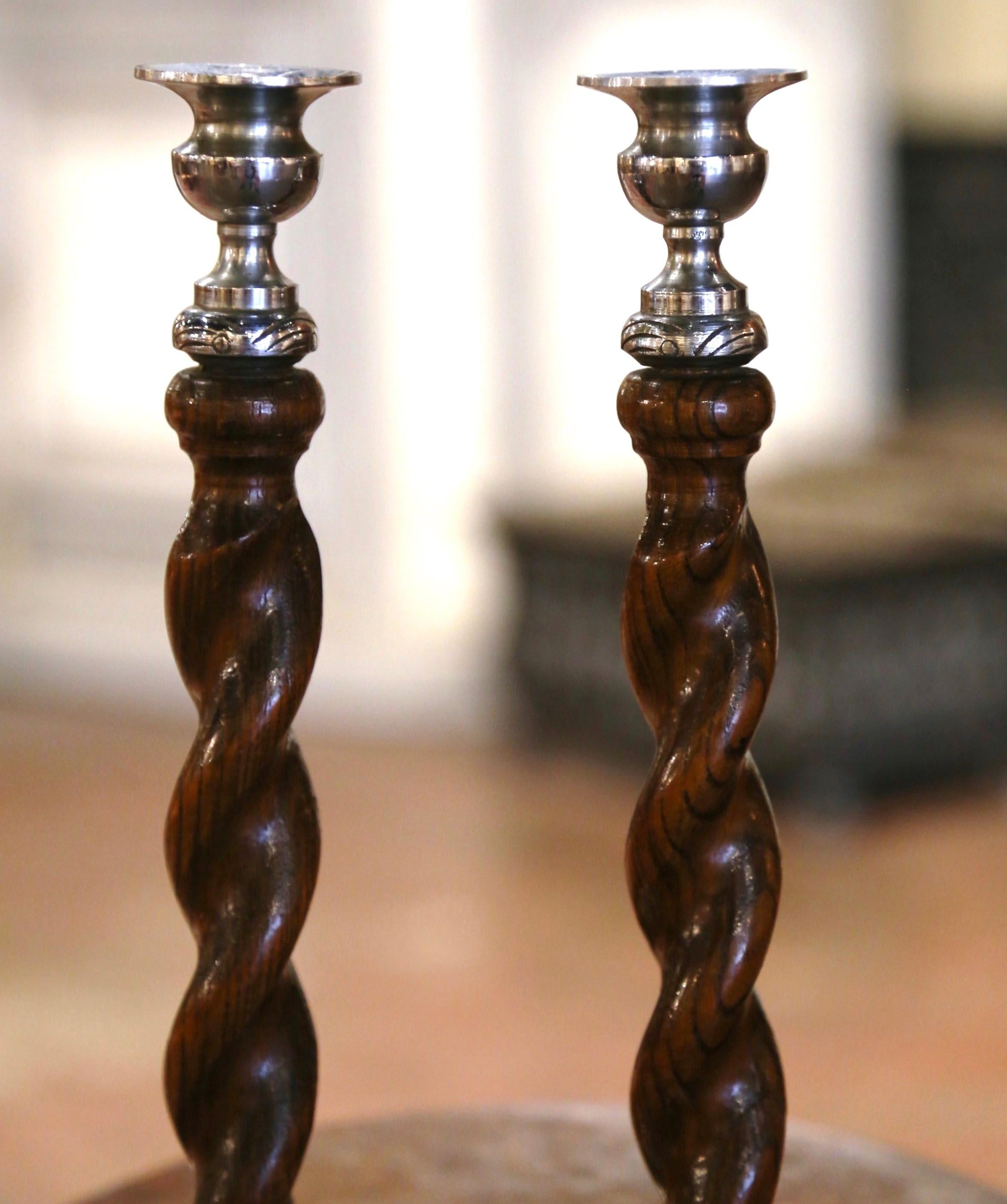 Victorian 1920's Pair of English Carved Oak and Silverplated Barley Twist Candlesticks 