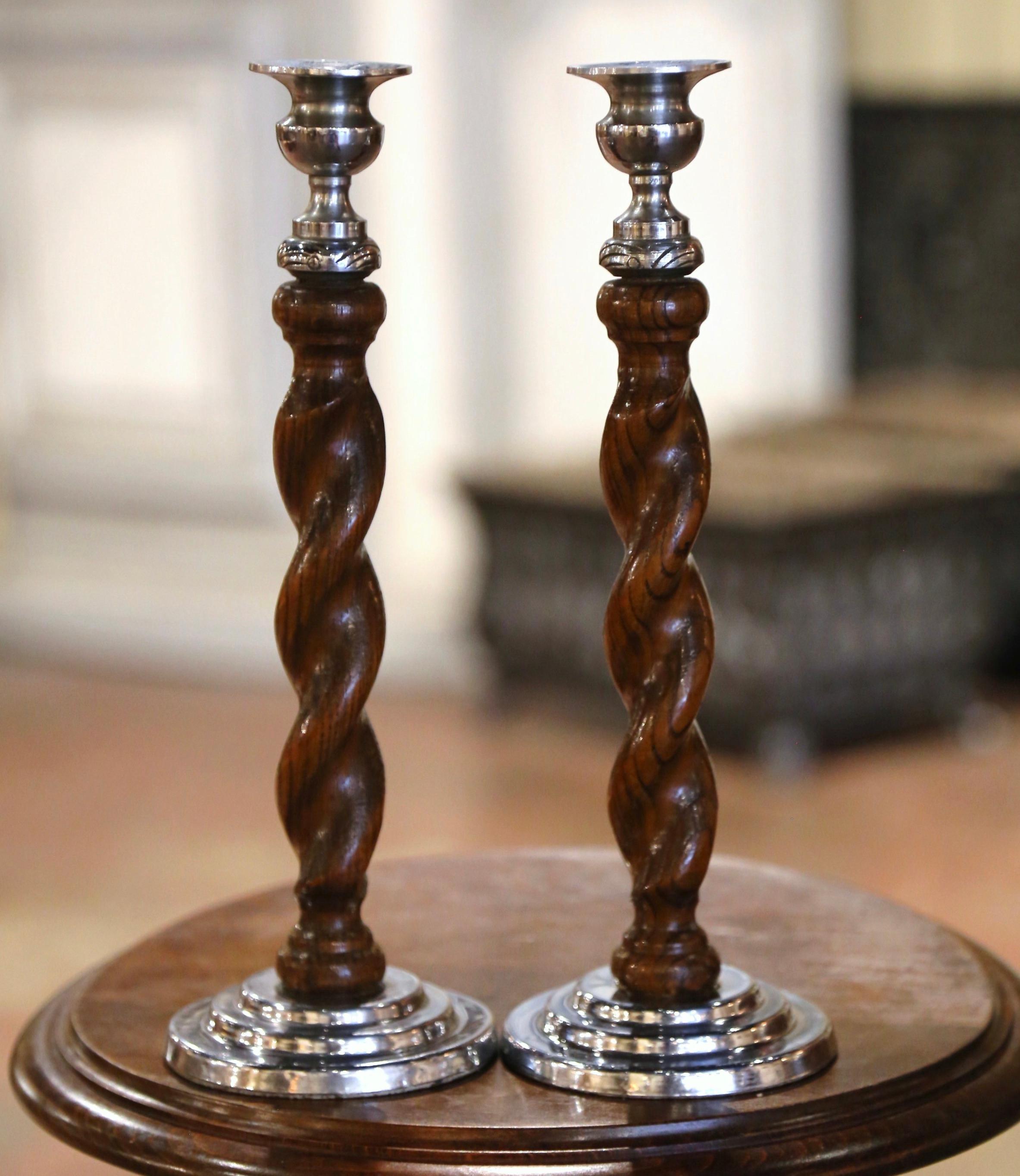 Hand-Carved 1920's Pair of English Carved Oak and Silverplated Barley Twist Candlesticks 