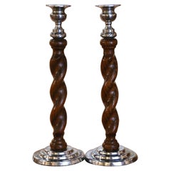 1920's Pair of English Carved Oak and Silverplated Barley Twist Candlesticks