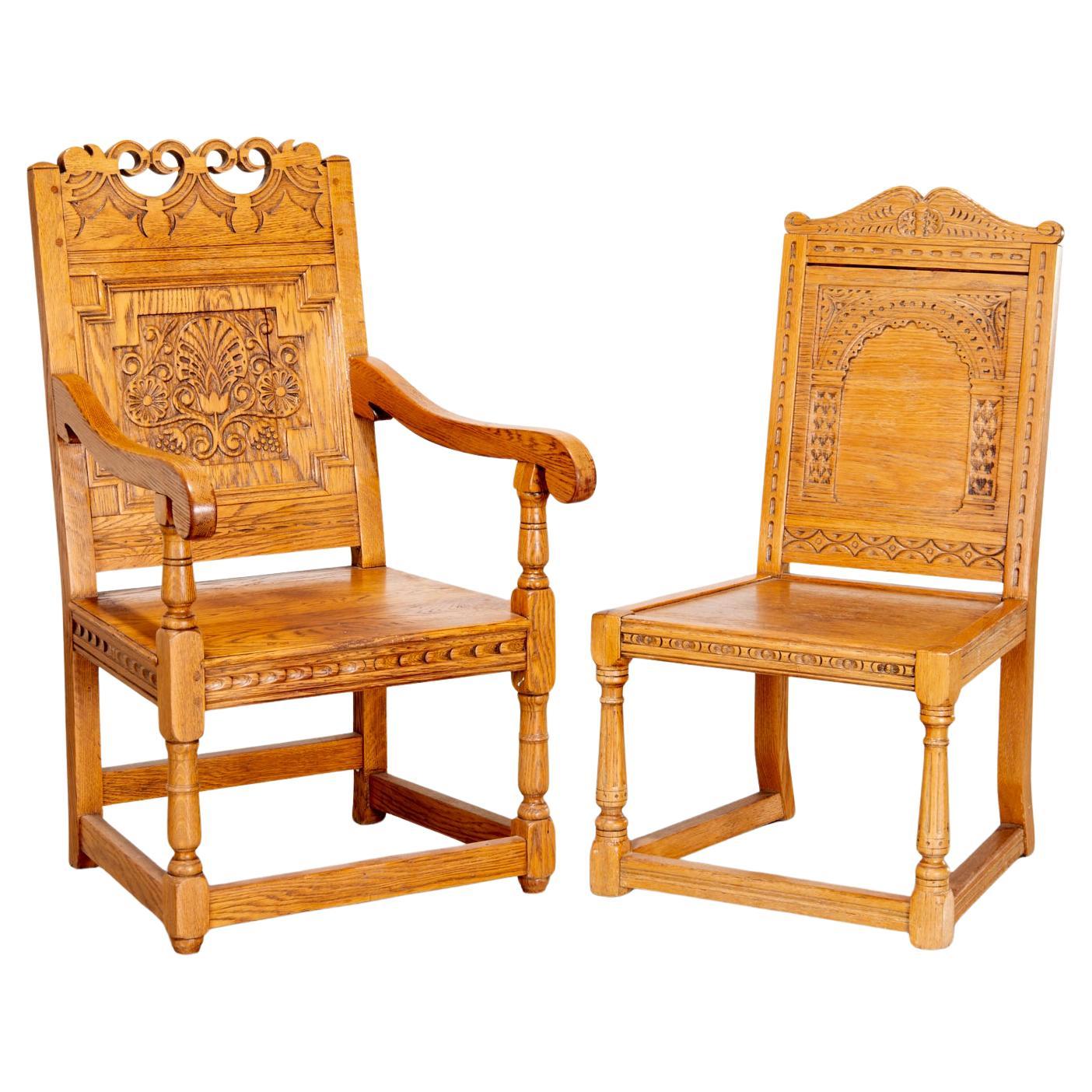 1920's Pair of English Jacobean Revival Style Carved Golden Oak Wainscot Chairs
