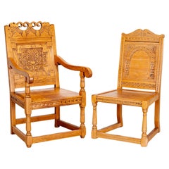 1920's Pair of English Jacobean Revival Style Carved Golden Oak Wainscot Chairs