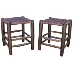 1920s Pair of French Wooden Stool with Stringed Leather Seat