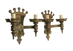 1920s Pair of Gothic Crown Top Bronze Wall Sconces with Double Arms