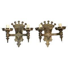 1920s Pair of Gothic Crown Top Bronze Wall Sconces with Double Arms