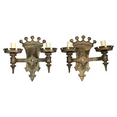 Antique 1920s Pair of Gothic Crown Top Bronze Wall Sconces with Double Arms