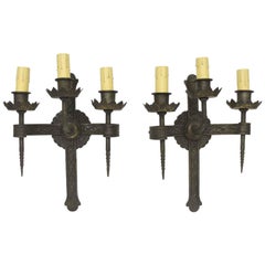 1920s Pair of Hand Forged Wrought Iron Wall Sconces Featuring 3 Arms Each