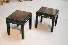 1920s Pair of Japanese Wooden Stools with Hard Stones Inlay Decoration on Sides