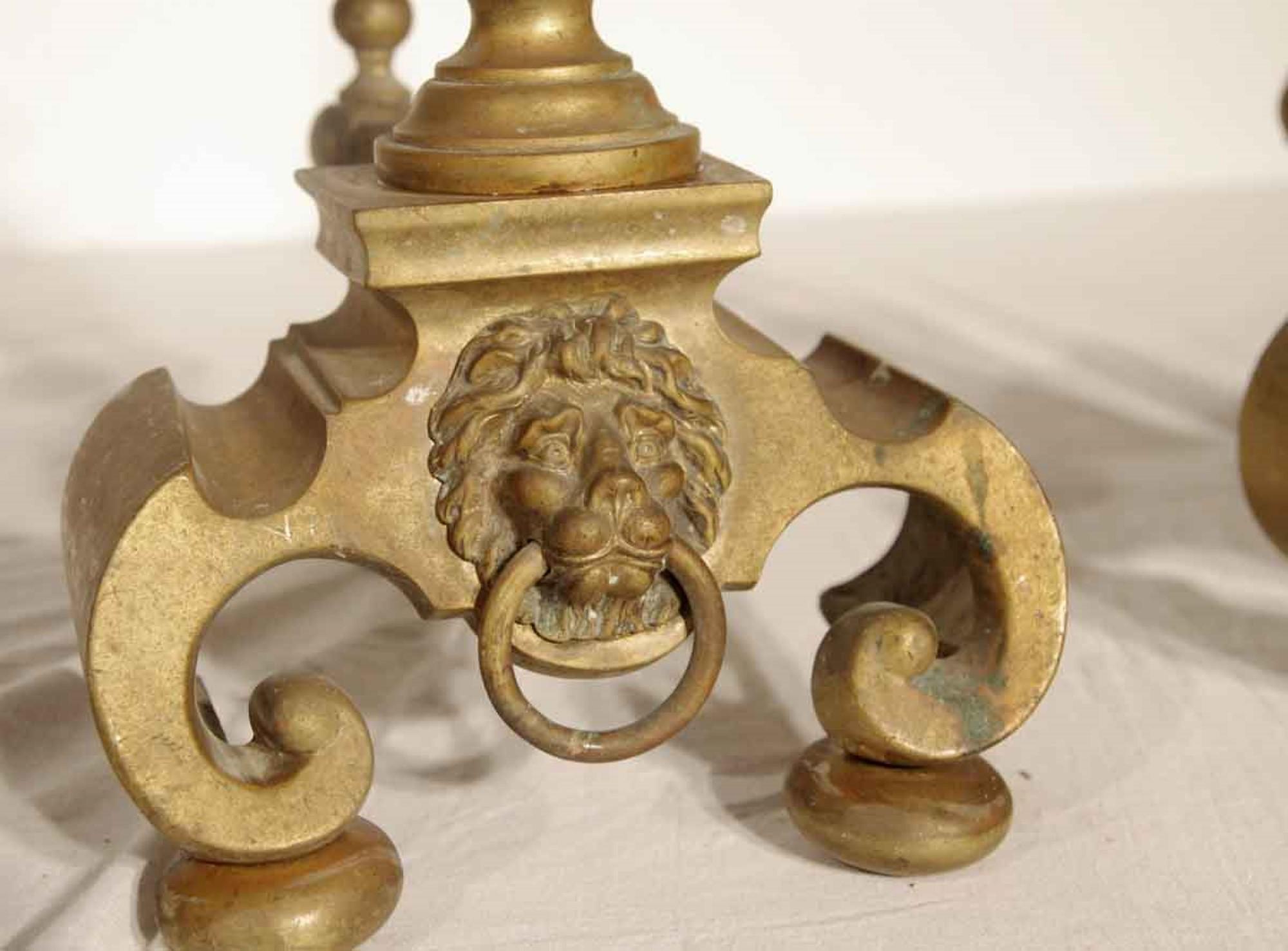 1920s Pair of Lion Brass Andirons with Large Decorated Ball Finials In Good Condition In New York, NY