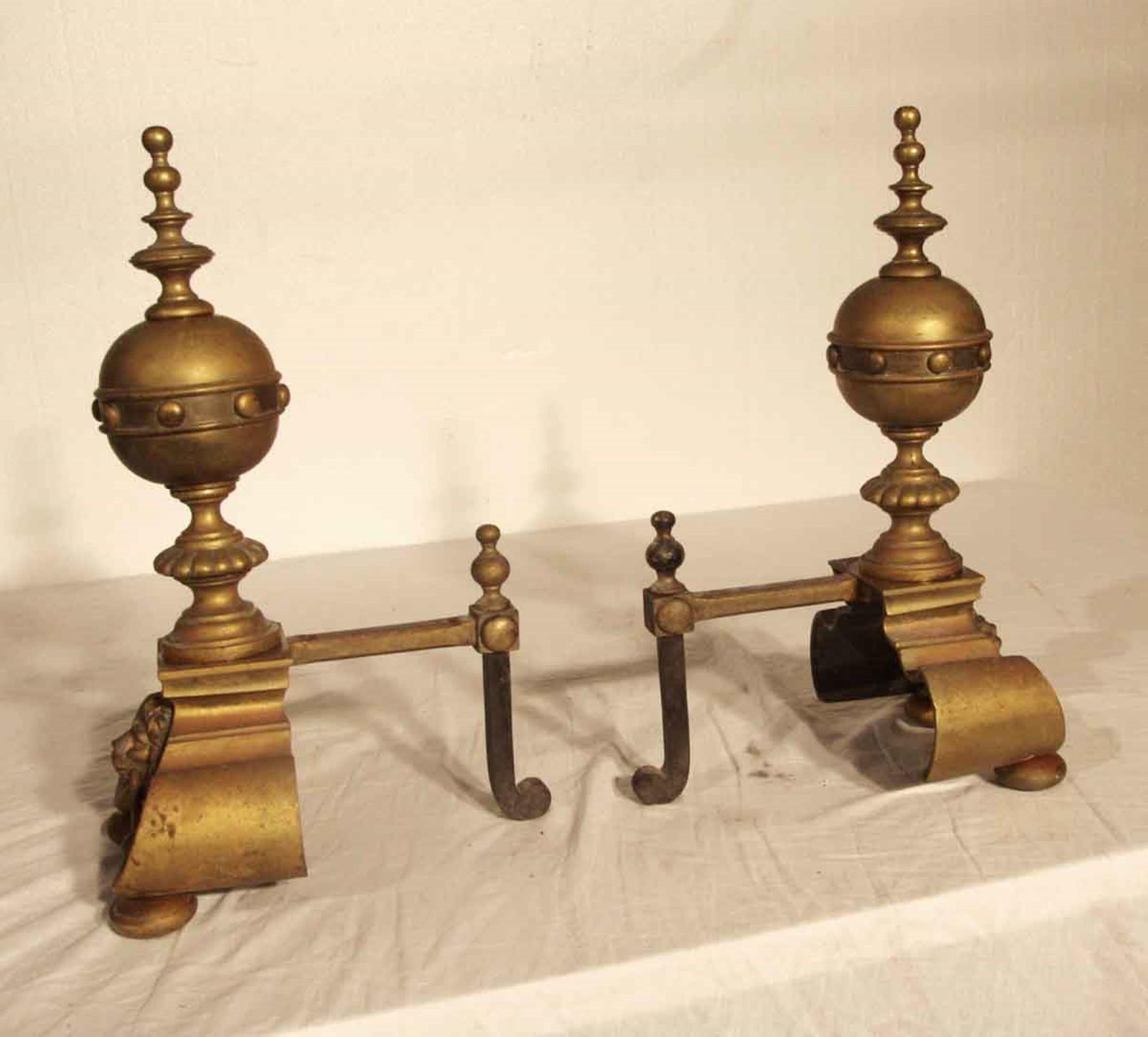 1920s Pair of Lion Brass Andirons with Large Decorated Ball Finials 1