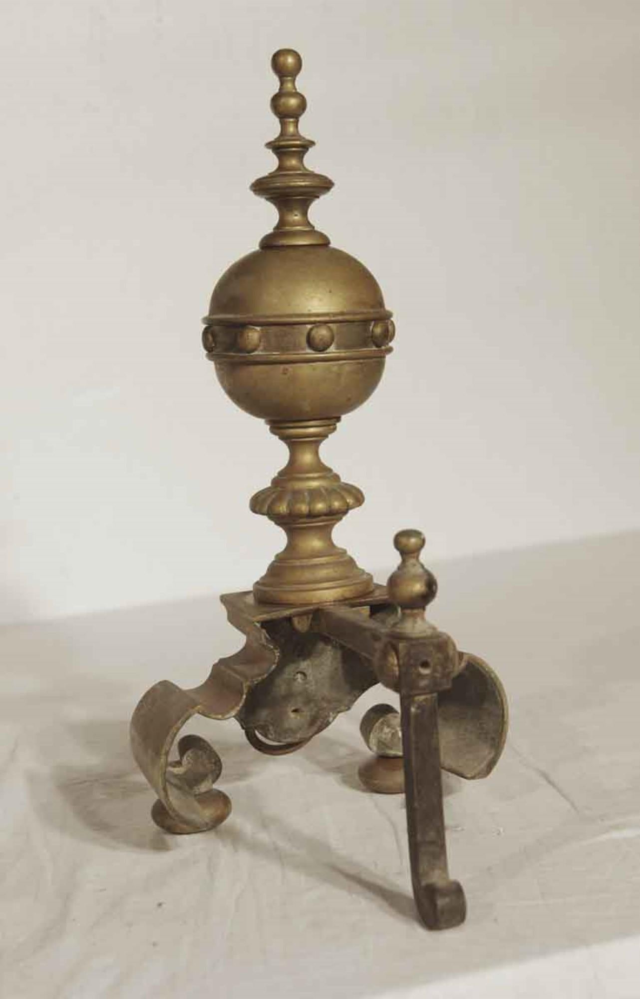 1920s Pair of Lion Brass Andirons with Large Decorated Ball Finials 2