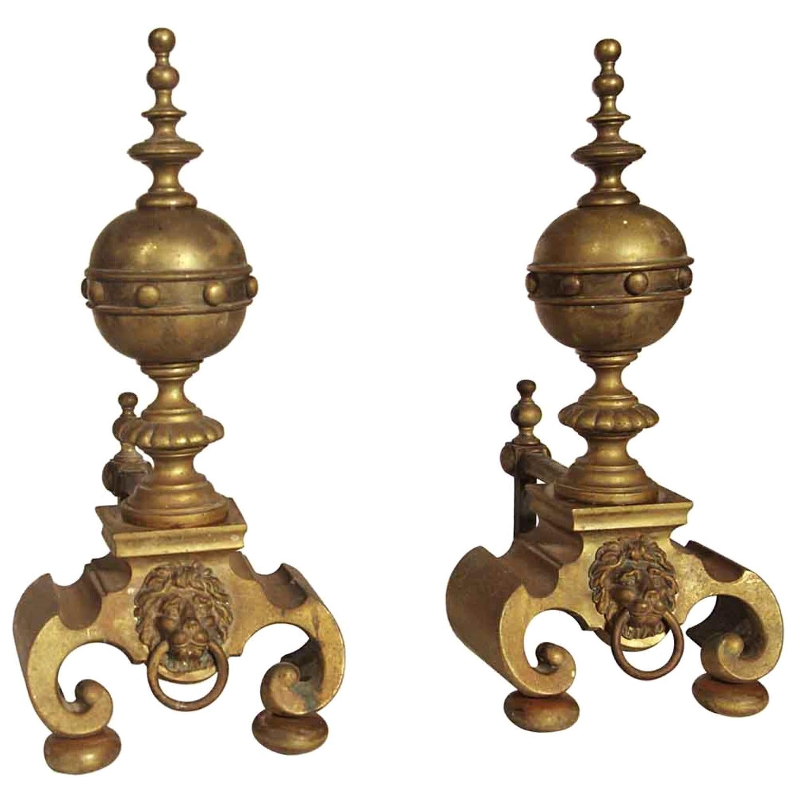 1920s Pair of Lion Brass Andirons with Large Decorated Ball Finials