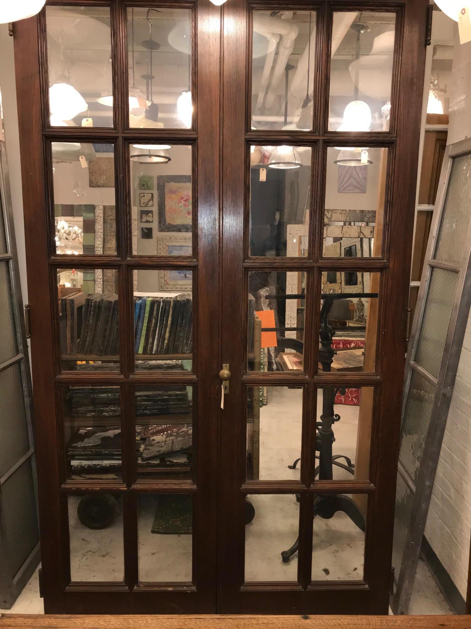 1920s Pair of Medium Tone Chestnut French Doors with 10 Glass Panes Each 1