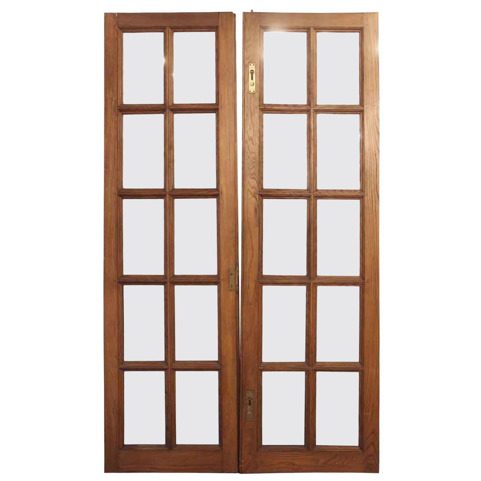 1920s Pair of Medium Tone Chestnut French Doors with 10 Glass Panes Each