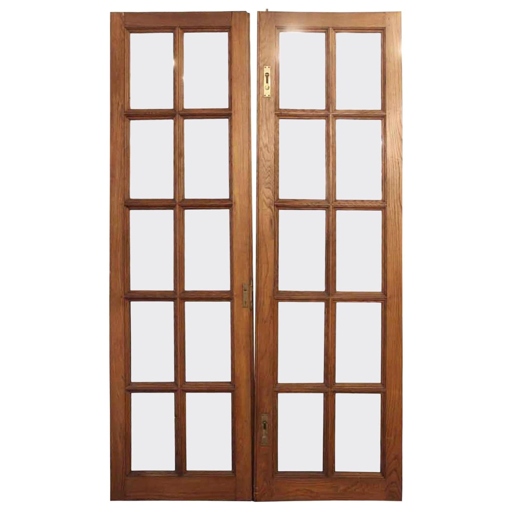 1920s Pair of Medium Tone Chestnut French Doors with 10 Glass Panes Each