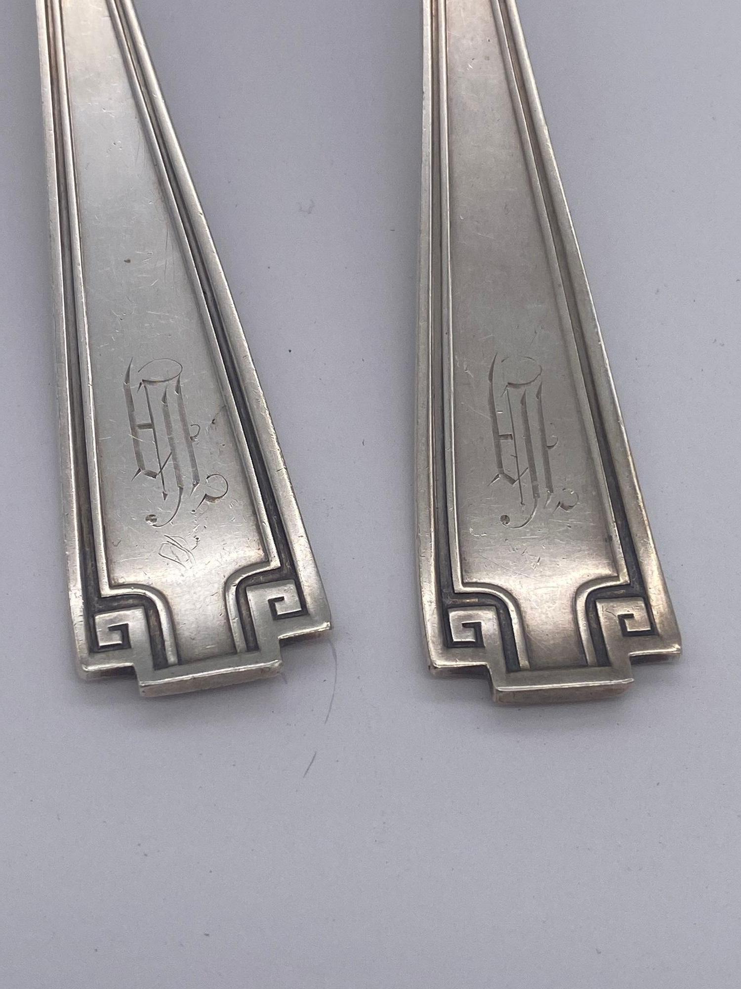 1920's Pair of Monogrammed Gorham Etruscan Art Deco Silver Spoons For Sale 1