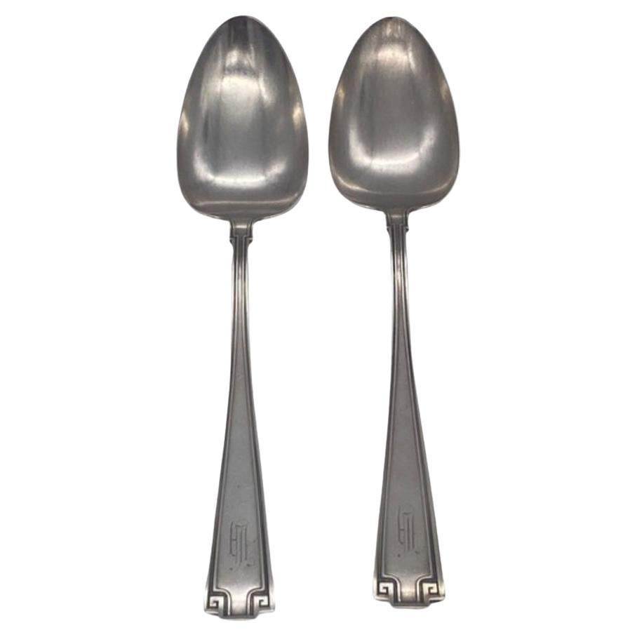 1920's Pair of Monogrammed Gorham Etruscan Art Deco Silver Spoons For Sale