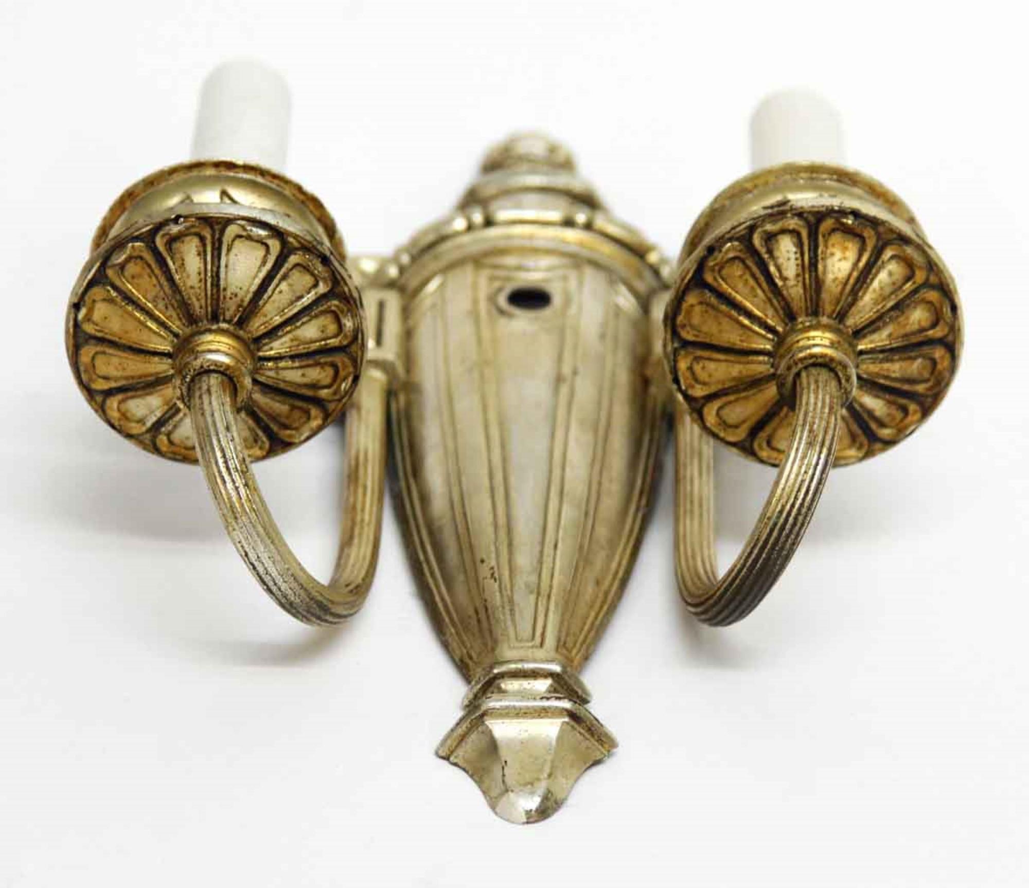 Early 20th Century 1920s Pair of Neoclassical Silvered Brass Sconces with Greek Urn and Key Detail