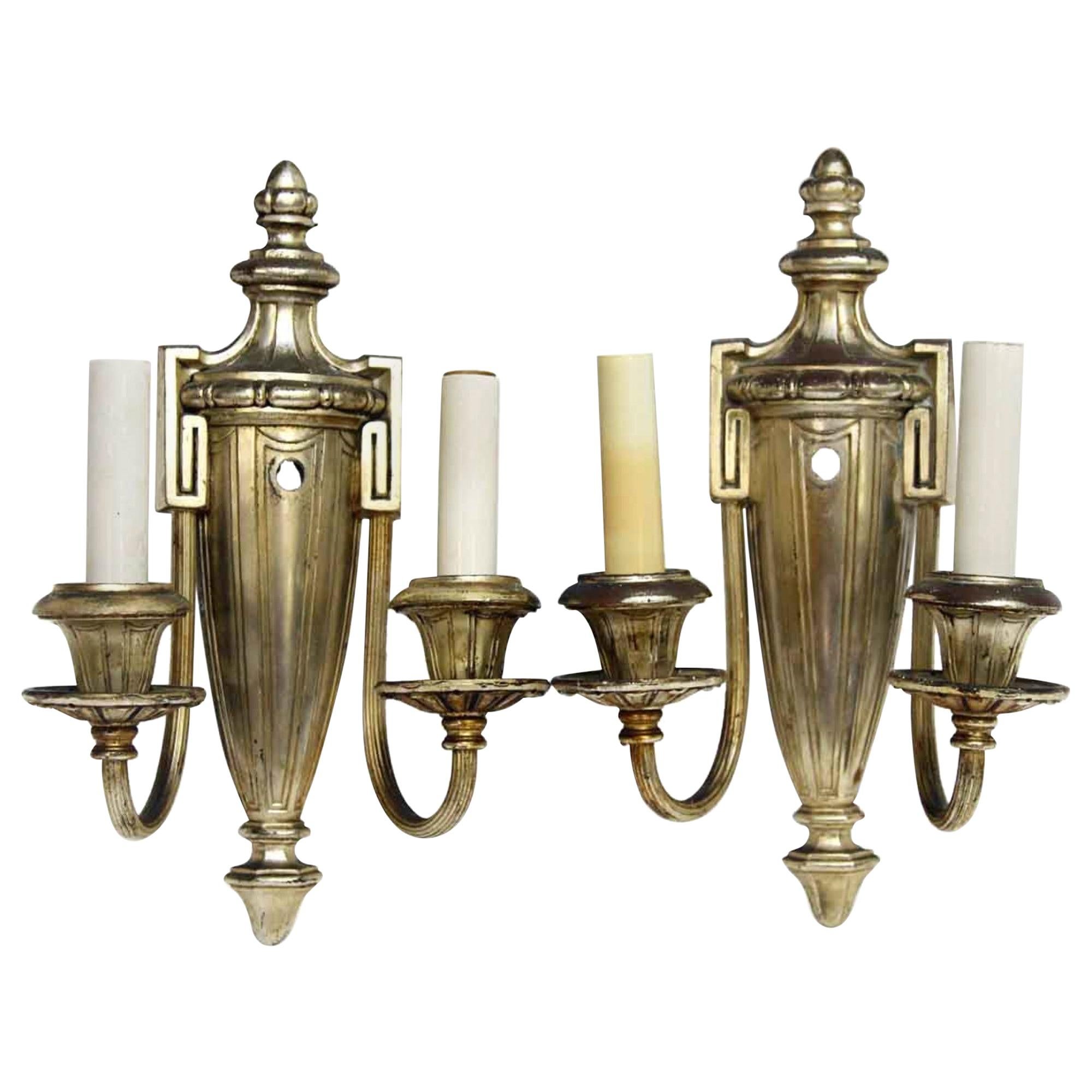 1920s Pair of Neoclassical Silvered Brass Sconces with Greek Urn and Key Detail