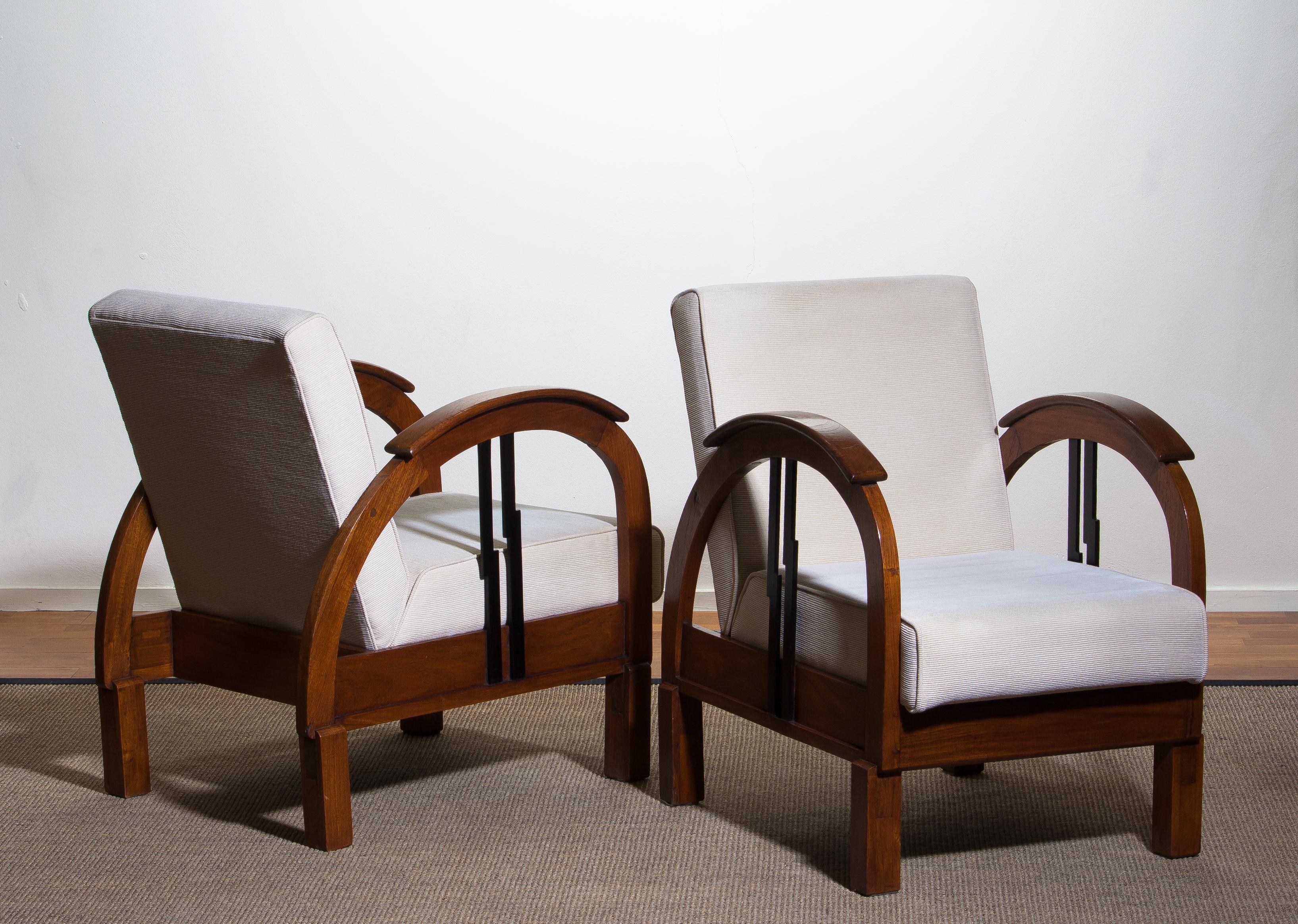 Fabric 1920s, Pair of Oak Art Deco Club Lounge Armchairs