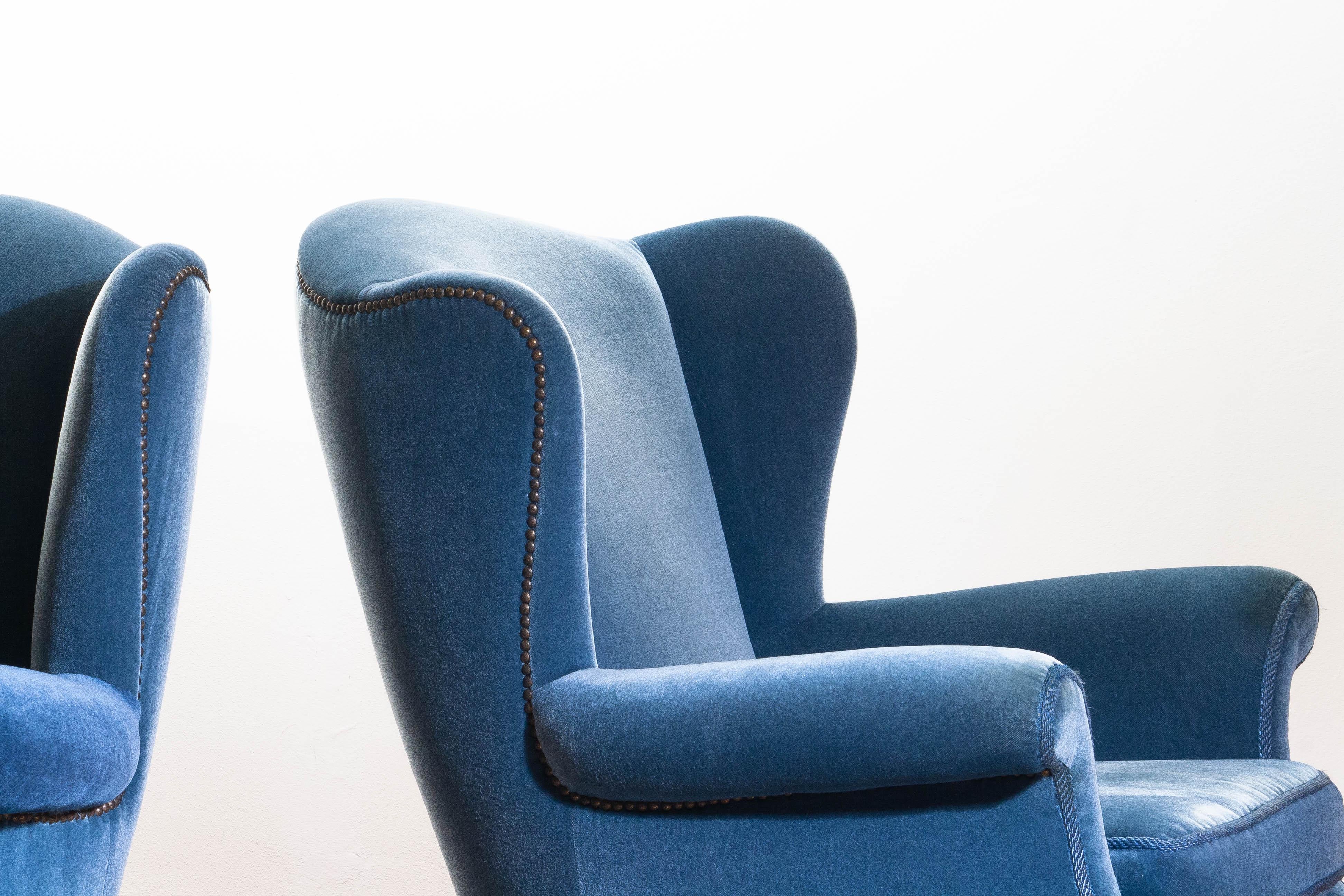 1920s, Pair of Romantic Swedish Blue Velvet Wingback Club / Lounge Chairs 1