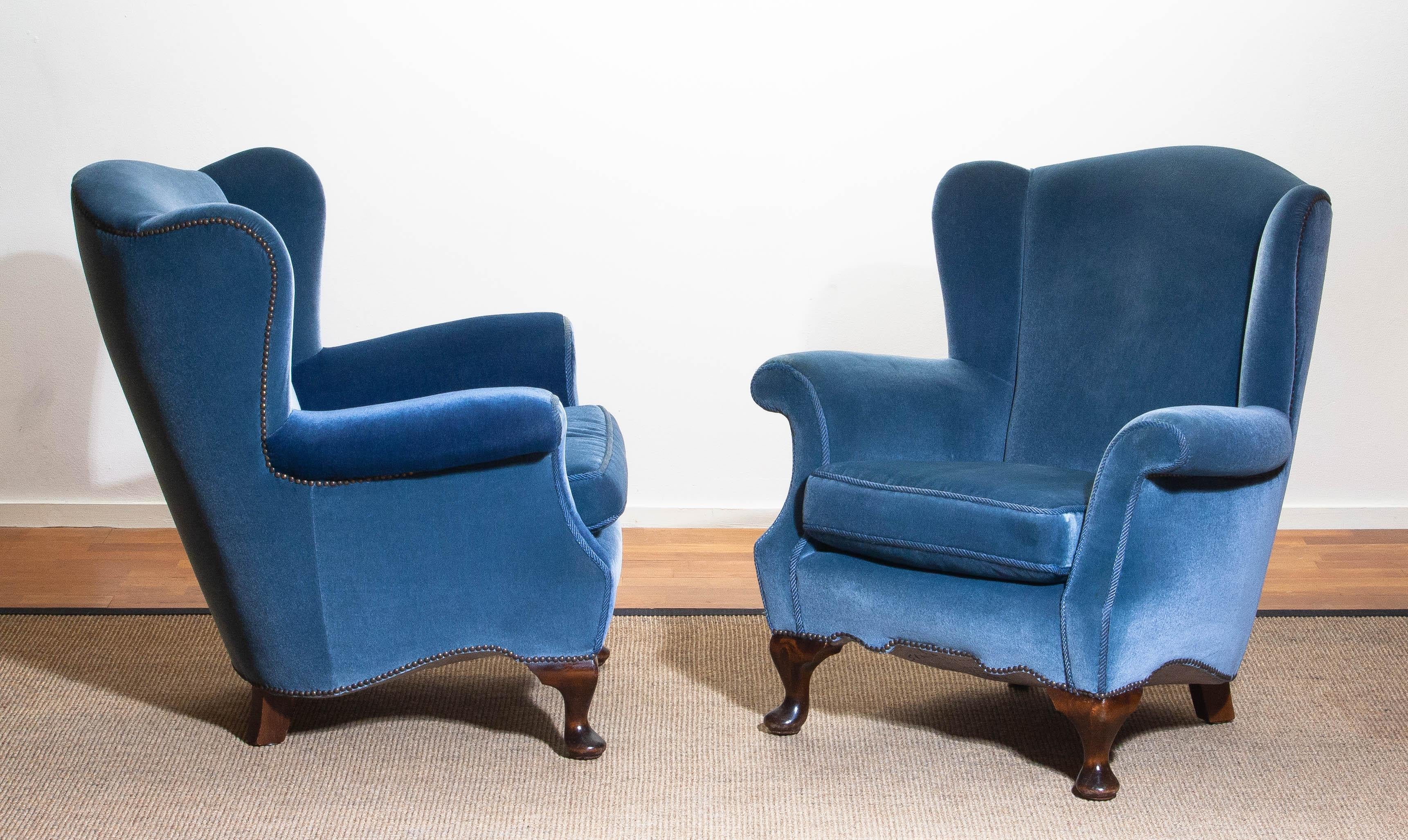 1920s, Pair of Romantic Swedish Blue Velvet Wingback Club / Lounge Chairs 1