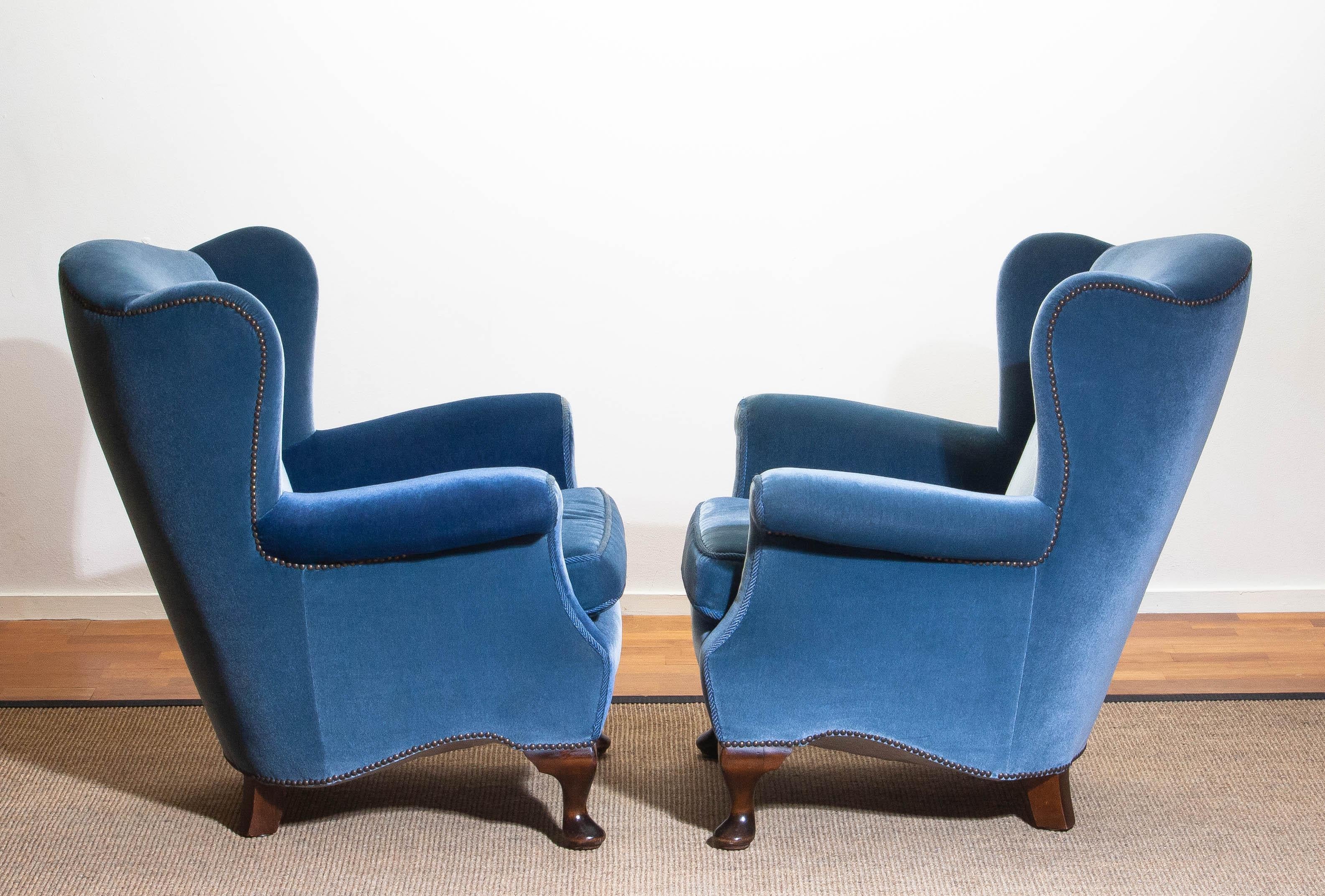 1920s, Pair of Romantic Swedish Blue Velvet Wingback Club / Lounge Chairs 1
