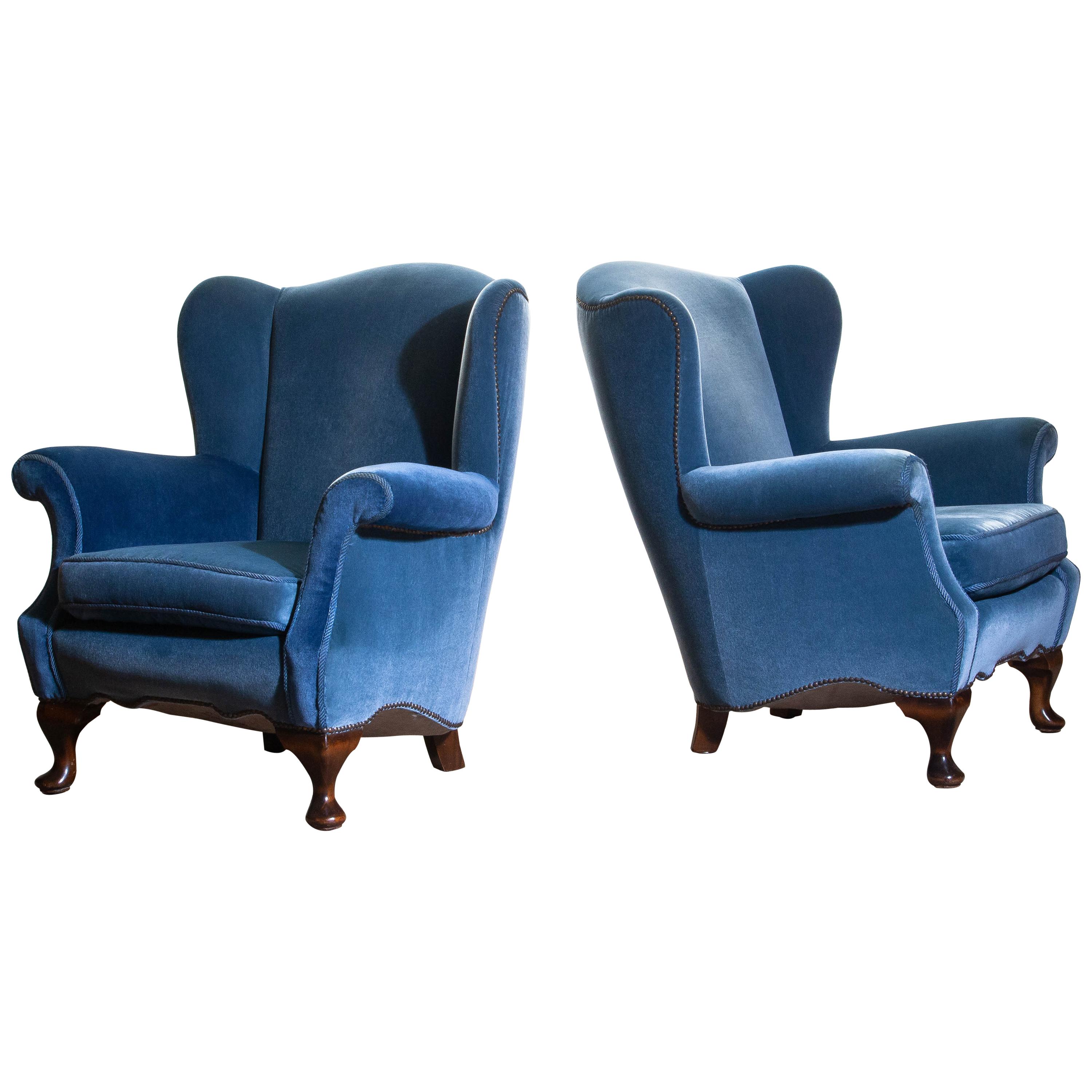 1920s, Pair of Romantic Swedish Blue Velvet Wingback Club / Lounge Chairs