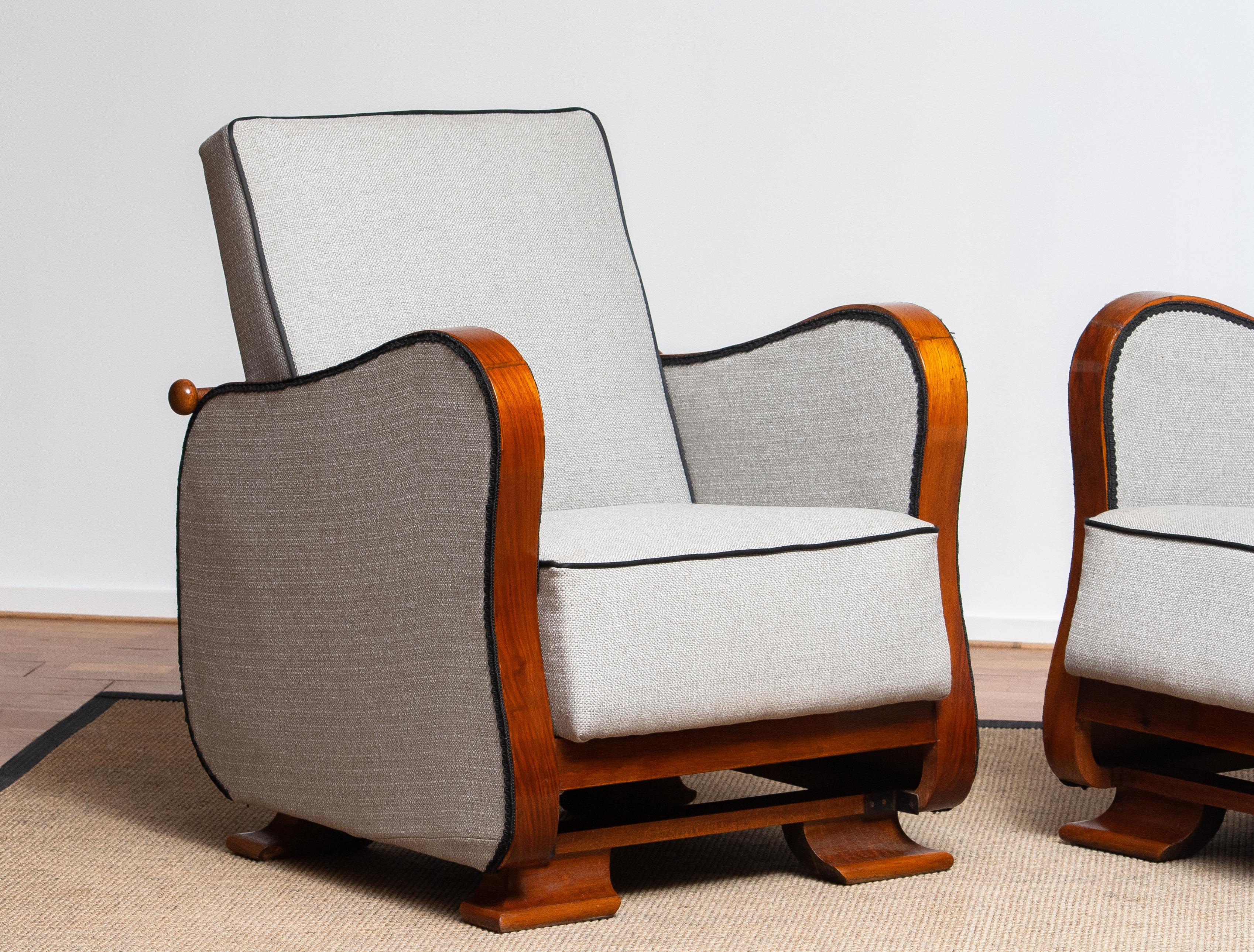 1920s, Pair of Scandinavian Art Deco Armchair/Lounge Chair Silver Grey on Walnut 7