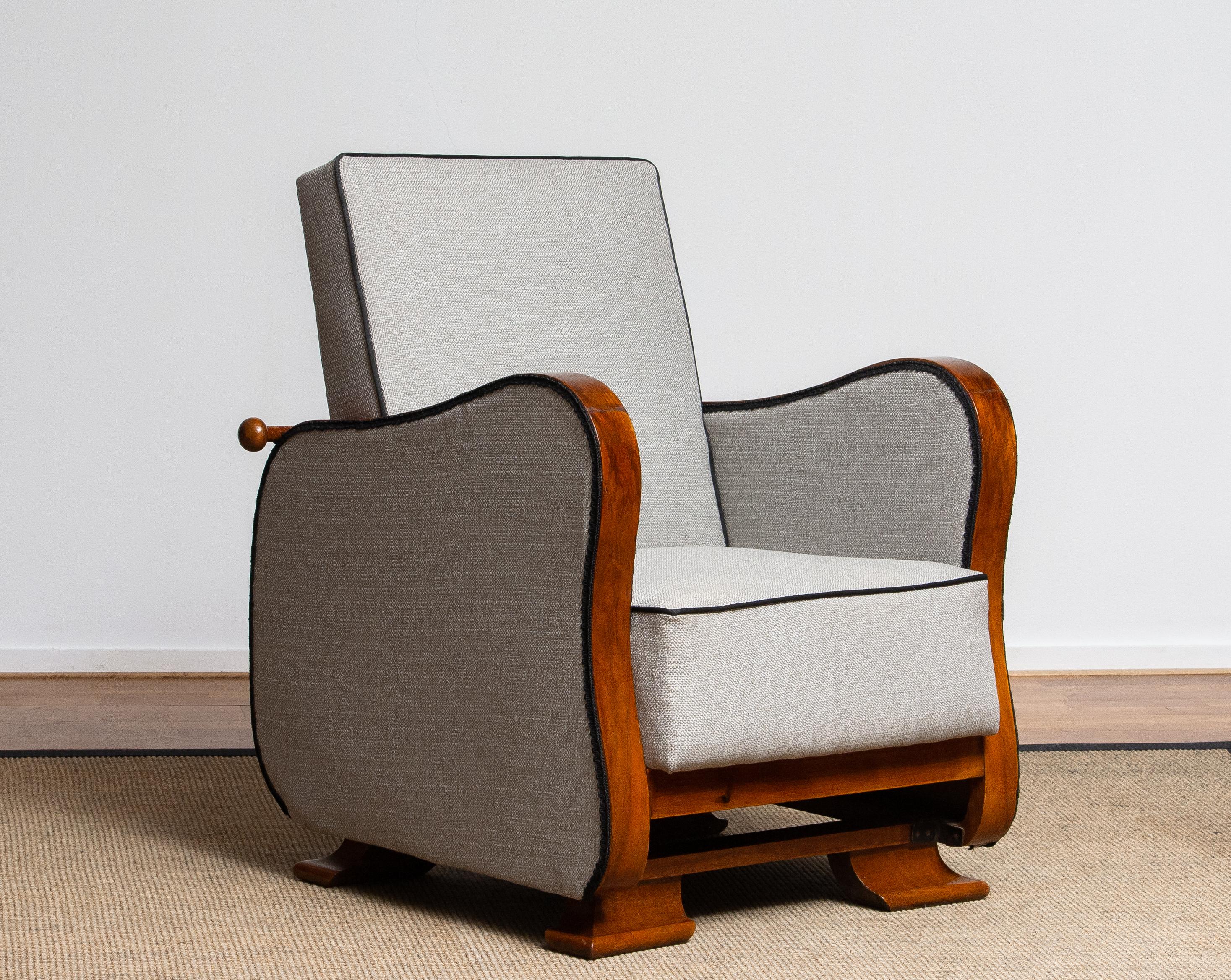 Swedish 1920s, Pair of Scandinavian Art Deco Armchair/Lounge Chair Silver Grey on Walnut