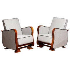 1920s, Pair of Scandinavian Art Deco Armchair/Lounge Chair Silver Grey on Walnut
