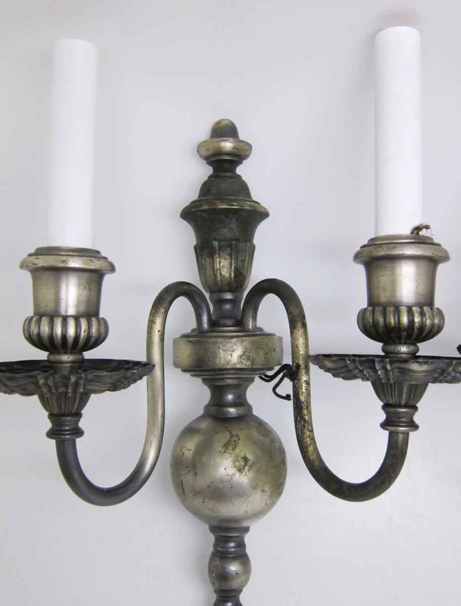 American 1920s Pair of Silver Over Cast Brass Sconces with Two Arms