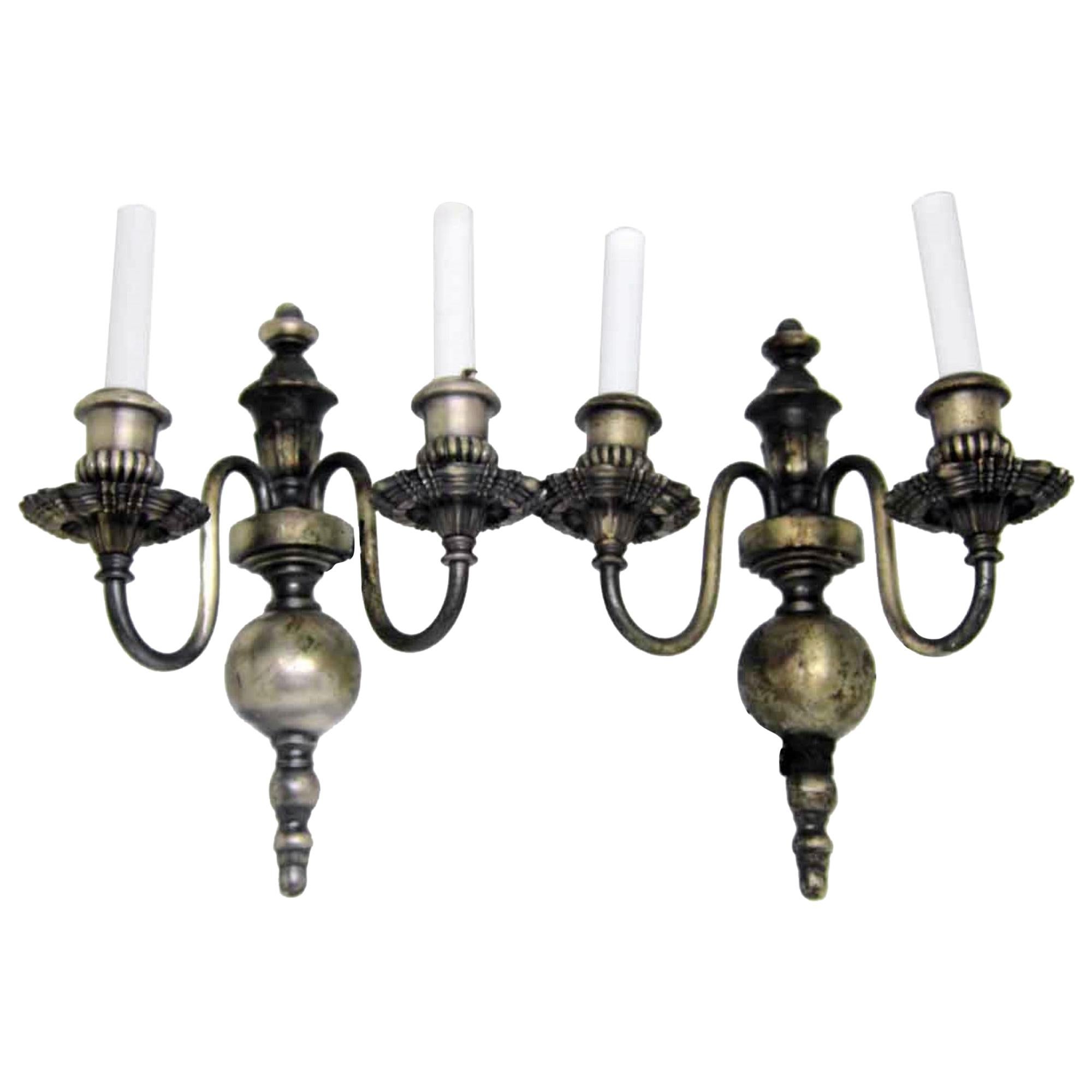 1920s Pair of Silver Over Cast Brass Sconces with Two Arms