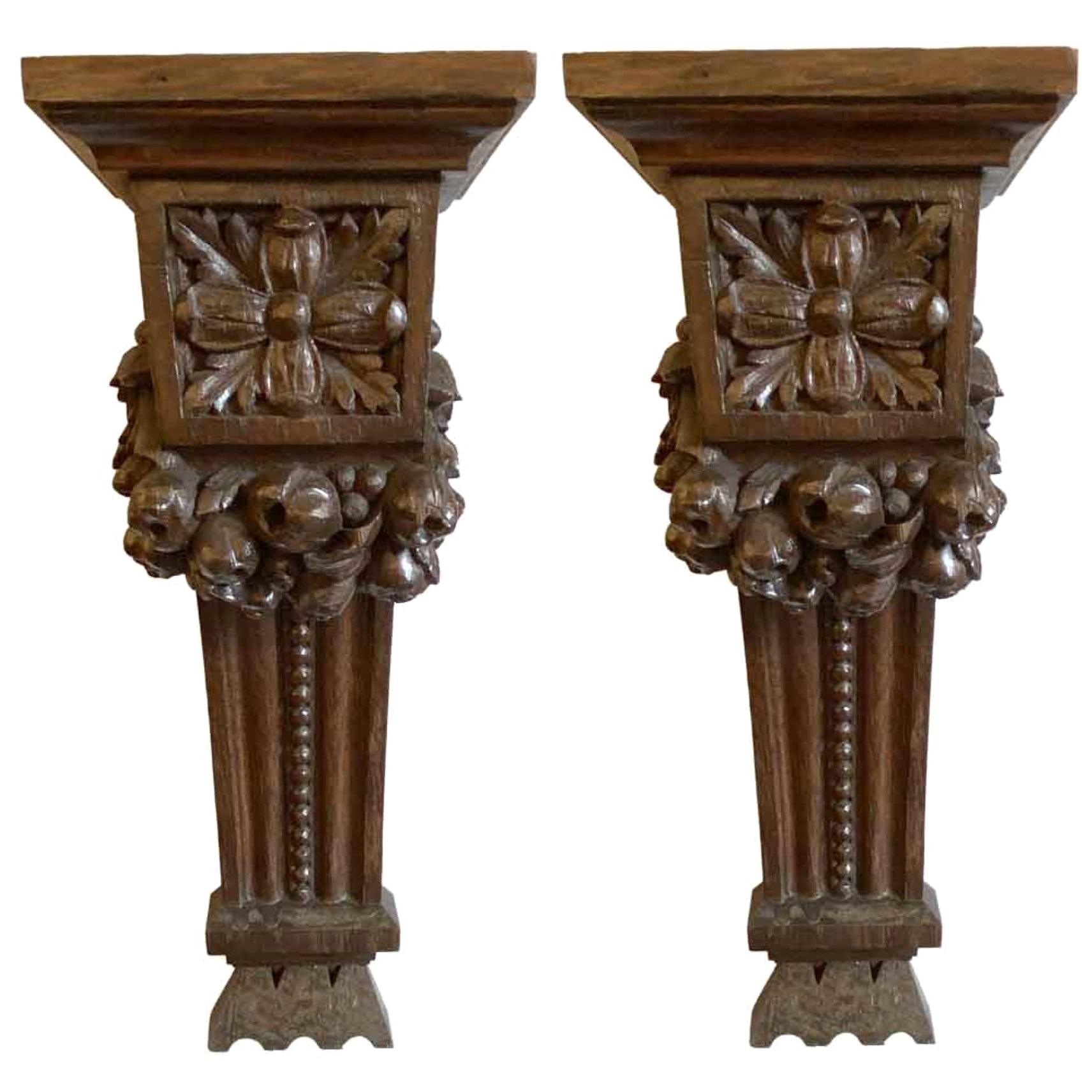 1920s Pair of Small Hand Carved Oak Corbels or Wall Brackets from Mt Kisco, NY
