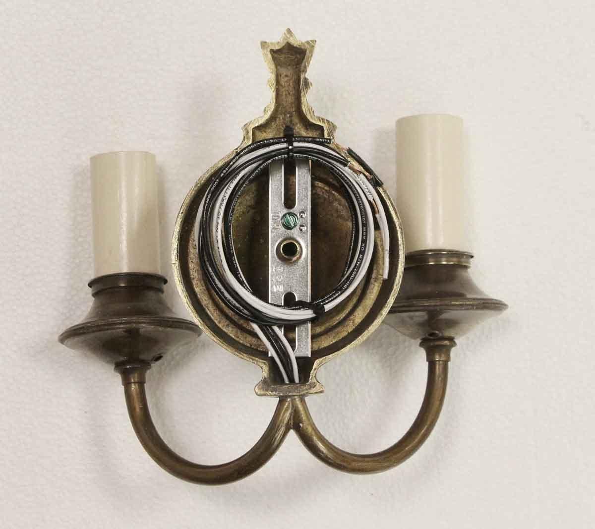 American Colonial 1920s Pair of Two Arm Antique Brass Finish Sconces with Short Candlesticks Qty