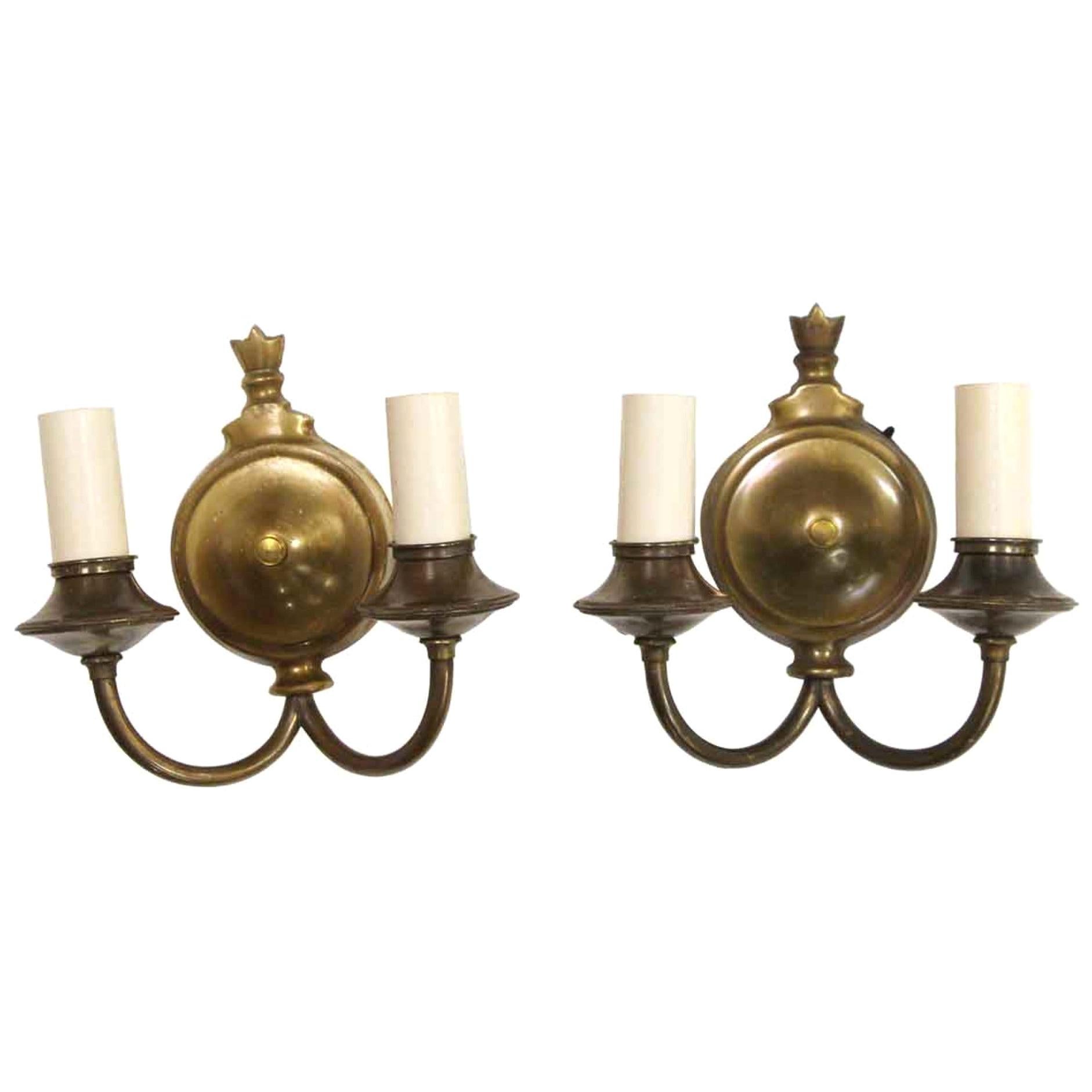 1920s Pair of Two Arm Antique Brass Finish Sconces with Short Candlesticks Qty