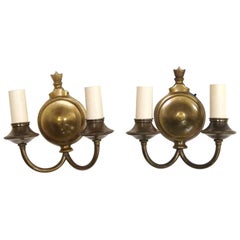 1920s Pair of Two Arm Antique Brass Finish Sconces with Short Candlesticks Qty