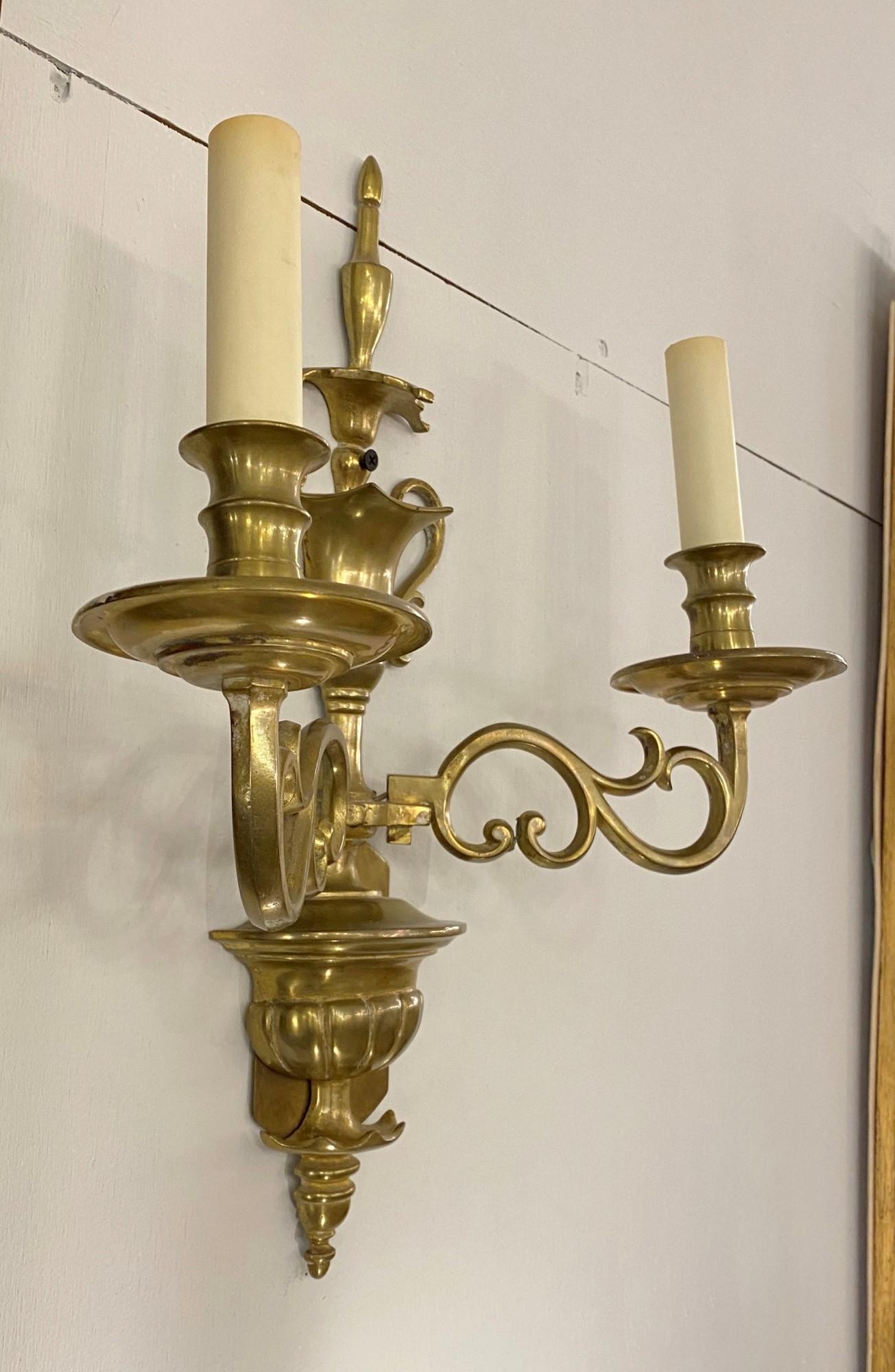 American 1920s Pair 2 Arm Brass Wall Sconces Signed E.F. Caldwell For Sale