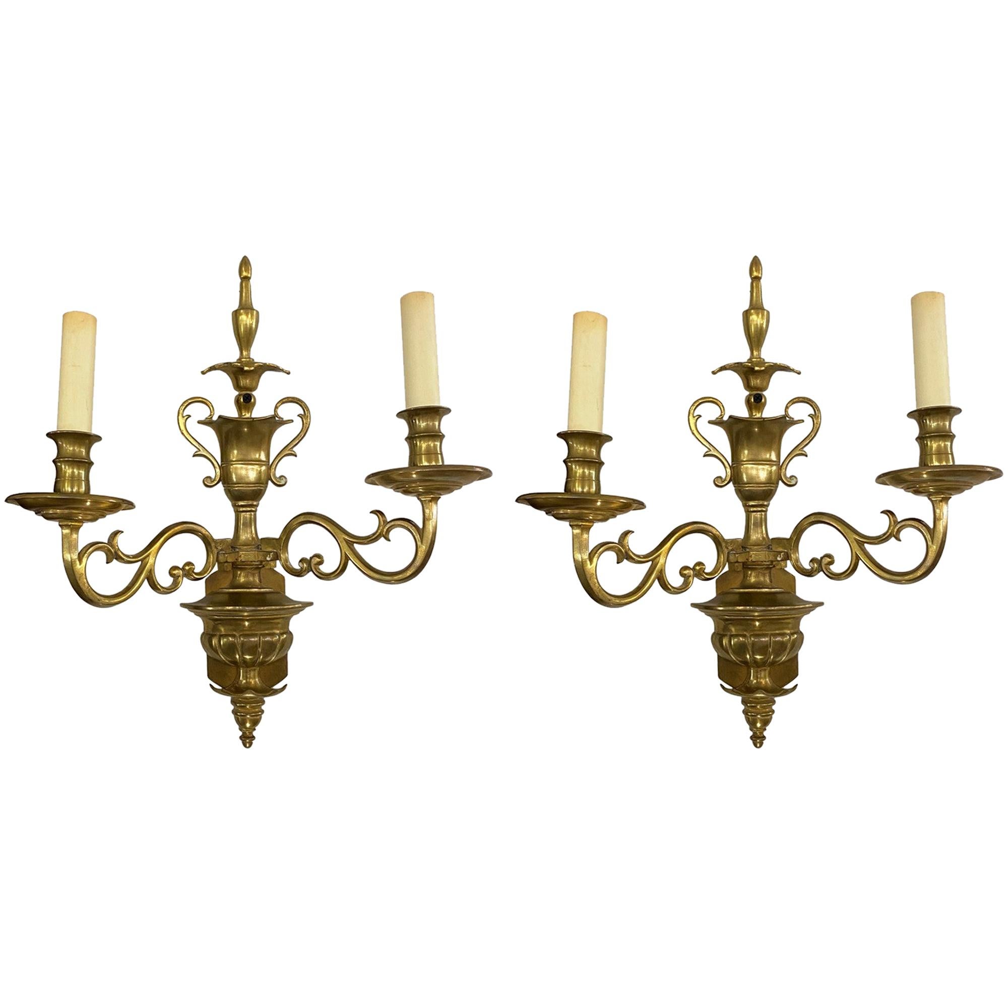 1920s Pair 2 Arm Brass Wall Sconces Signed E.F. Caldwell For Sale