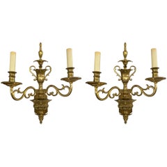 1920s Pair 2 Arm Brass Wall Sconces Signed E.F. Caldwell