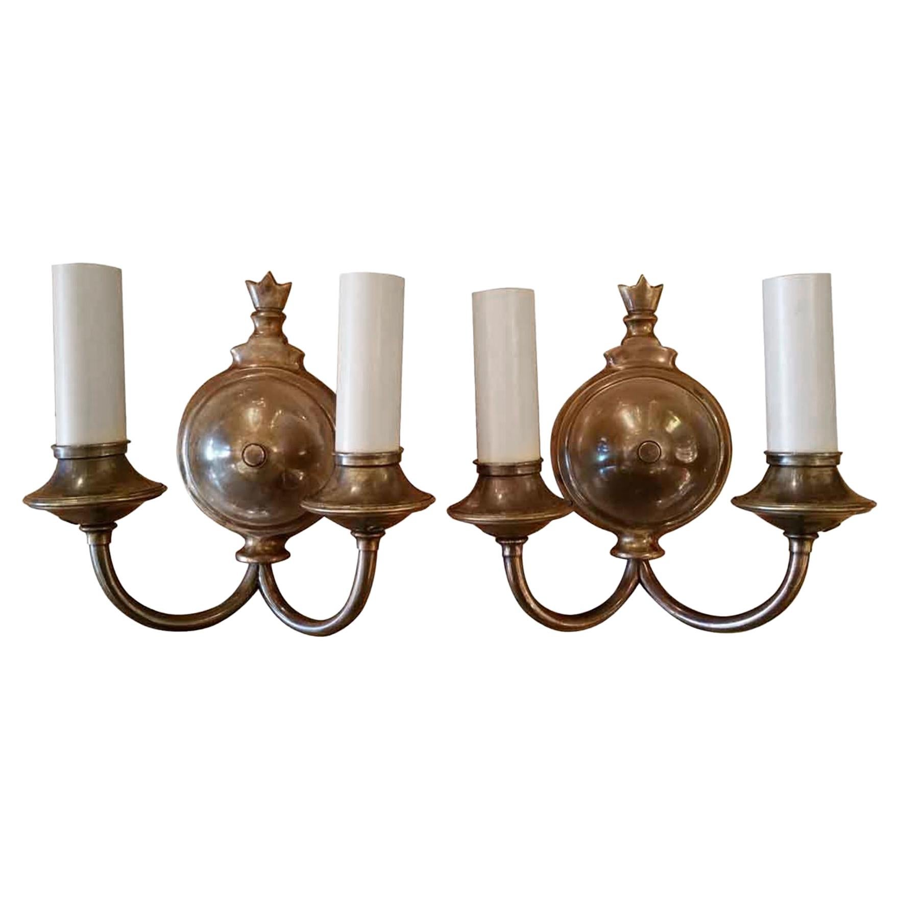 1920s Pair of Two-Arm Antique Brass Finish Sconces