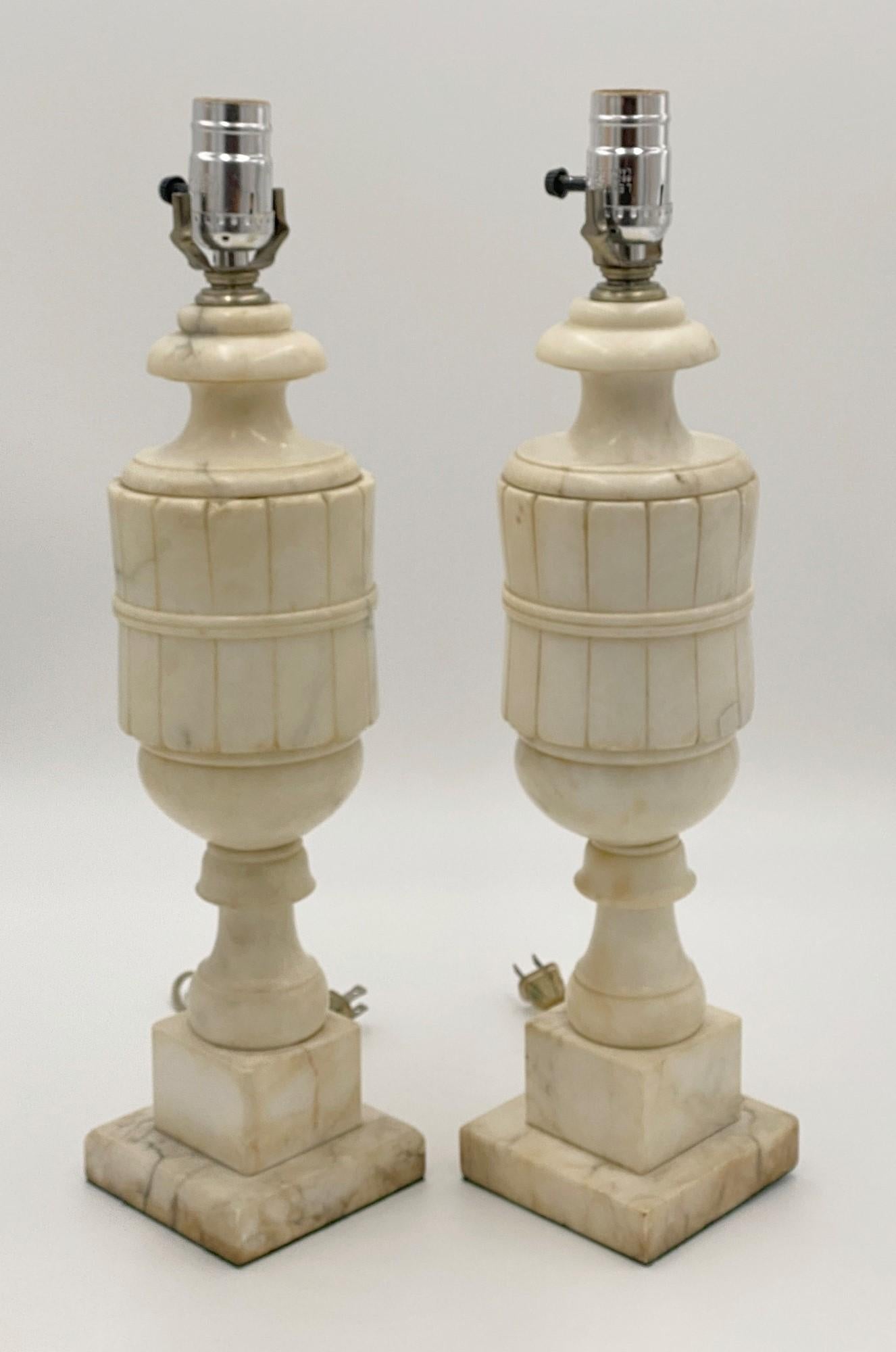 American 1920s Pair of White Alabaster Table Lamps