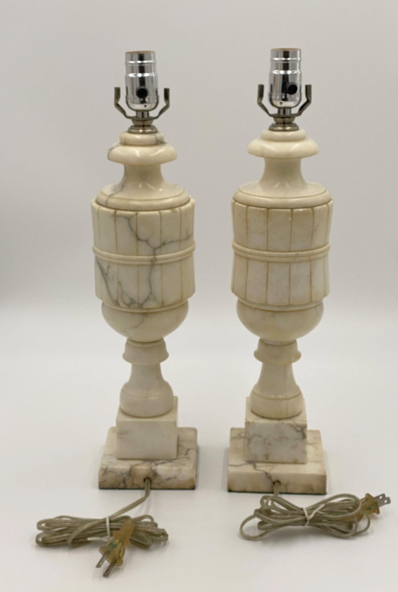 1920s Pair of White Alabaster Table Lamps In Good Condition In New York, NY
