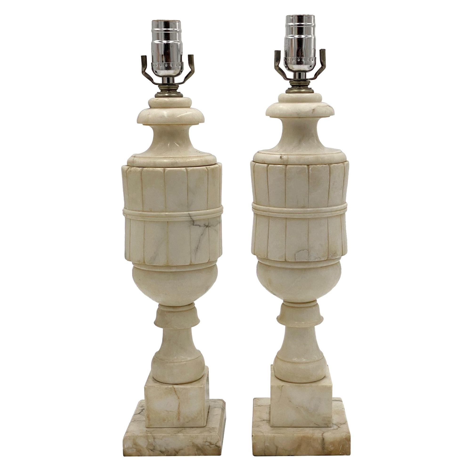 1920s Pair of White Alabaster Table Lamps