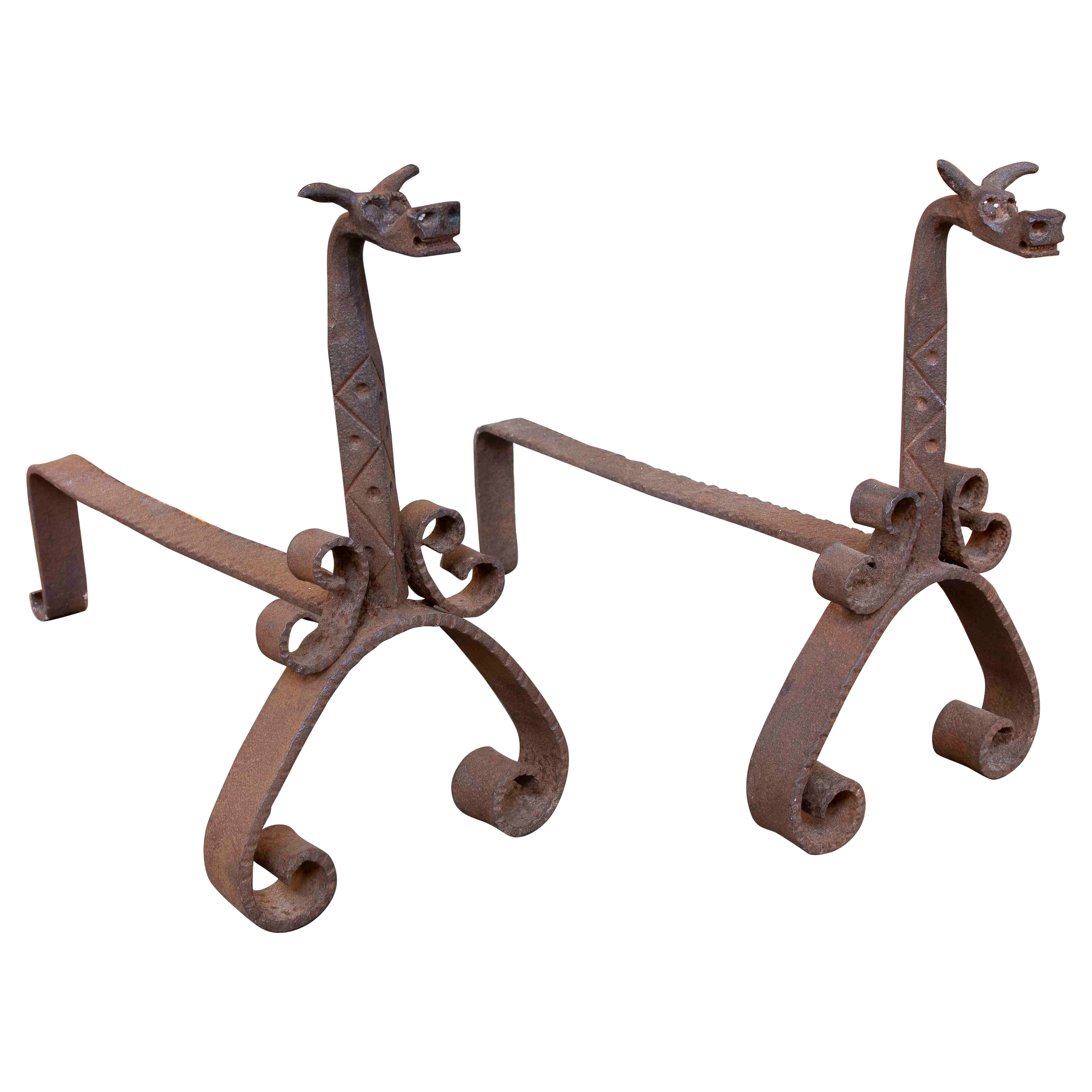 1920s Pair of Wrought Iron Morels with Dragon Heads For Sale