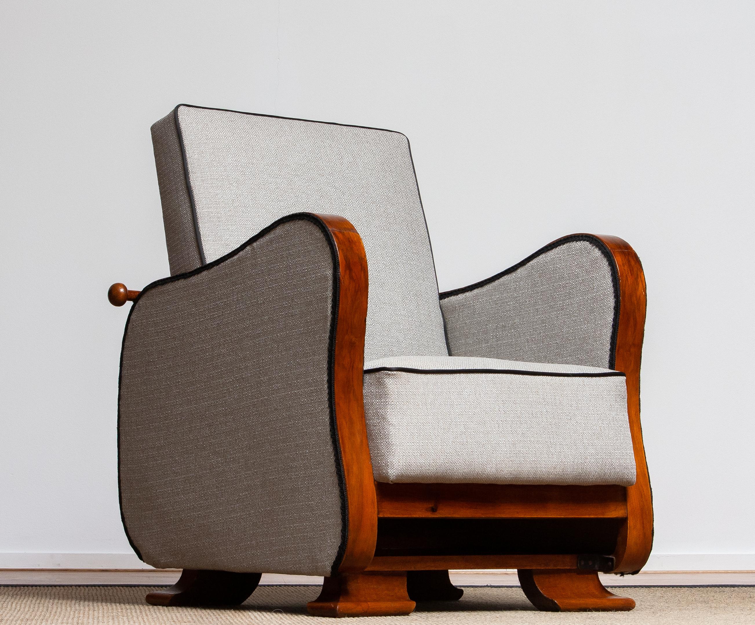 Swedish 1920s, Pair of Scandinavian Art Deco Armchair/Lounge Chair Silver Grey on Walnut