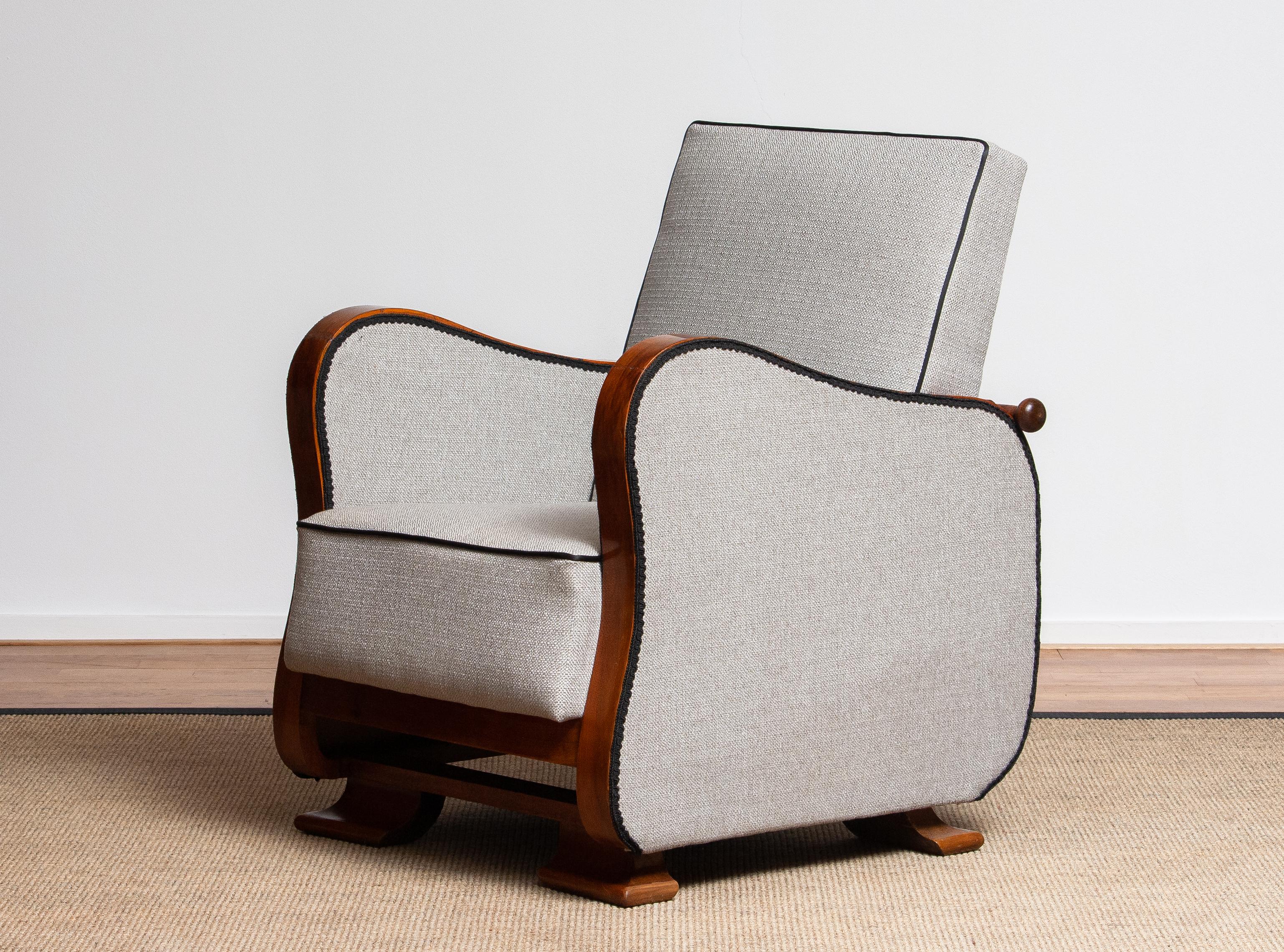Fabric 1920s, Pair of Scandinavian Art Deco Armchair/Lounge Chair Silver Grey on Walnut