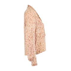 1920s Pale Brown Leaf Print Silk Blouse with Tie-Neck