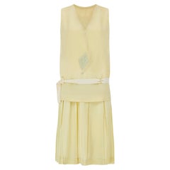 Used 1920s Pale Chartreuse Green and Cream Silk Dress