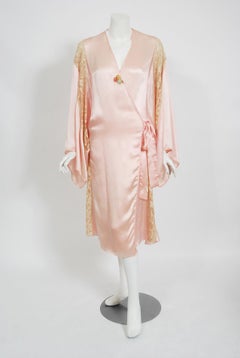 1920's Pale-Pink Silk & Ivory Embroidered Lace Angel Sleeve Lingerie Dress Robe