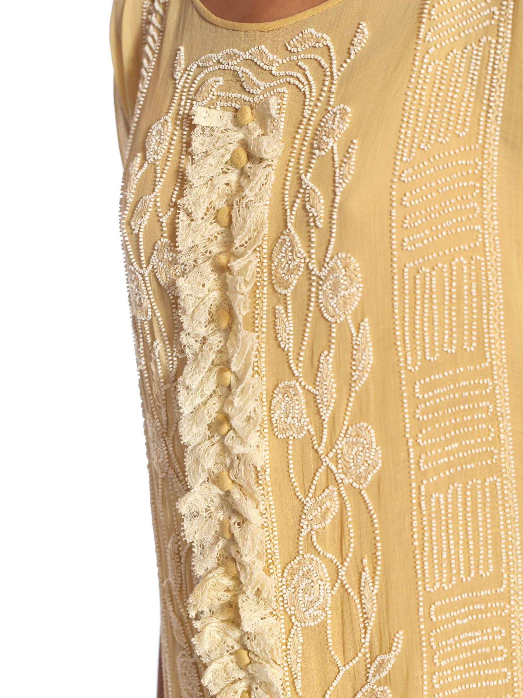 1920S  Pale Yellow Cotton Voile Beaded & Embroidered Gatsby Picnic Dress 6